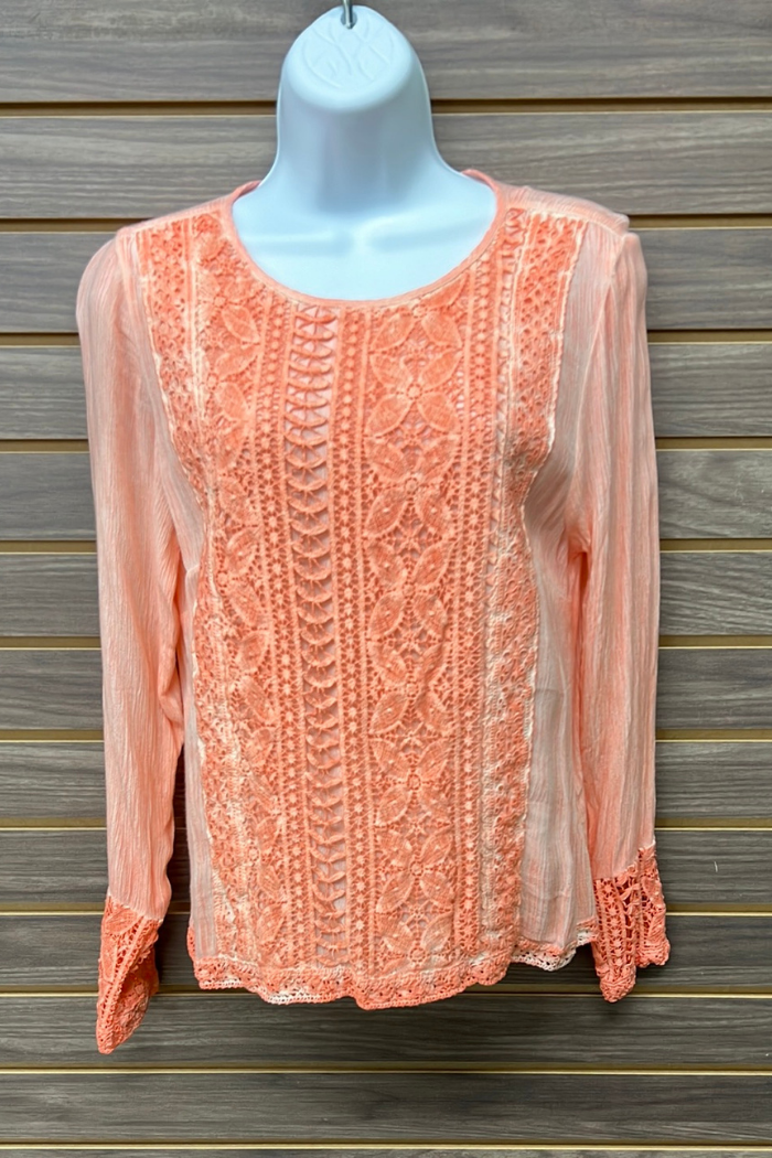 Coral lace button back long sleeve