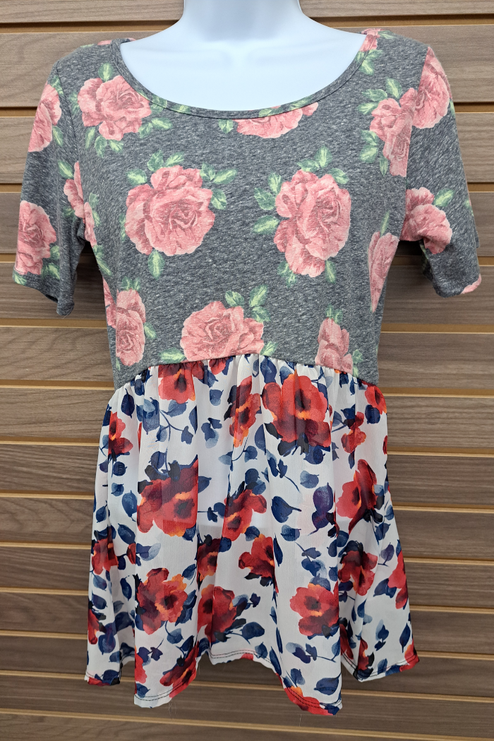 Cotton/chiffon bottom floral short sleeve