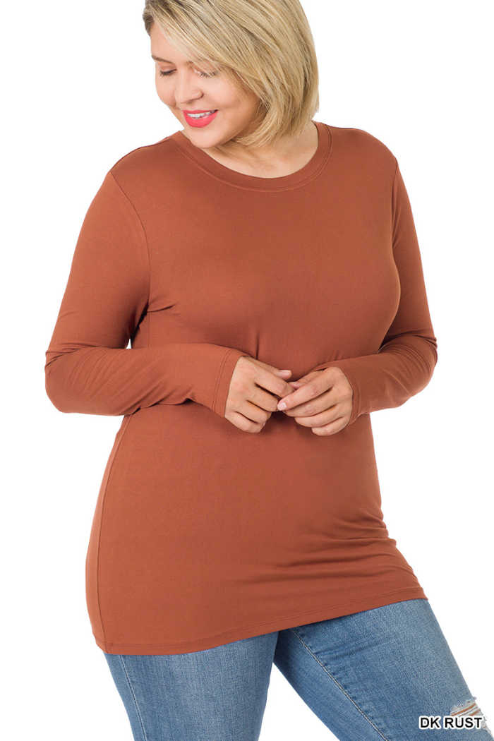 Plus Brushed Microfiber Long Sleeve Round Neck Tee