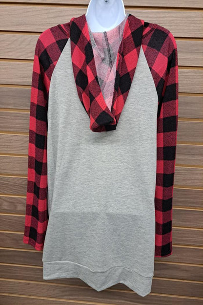 Red/Blk Plaid Gray Hoodie Long Sleeve