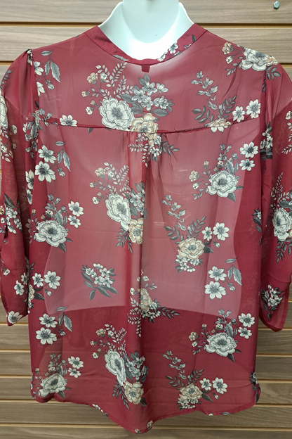 Burgundy Floral Sheer Blouse