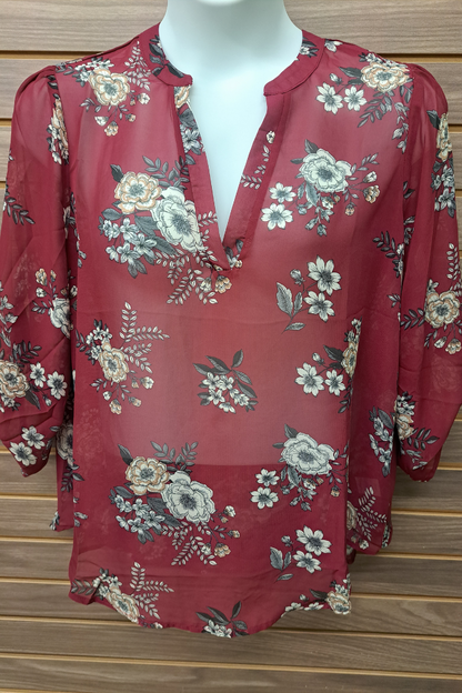 Burgundy Floral Sheer Blouse