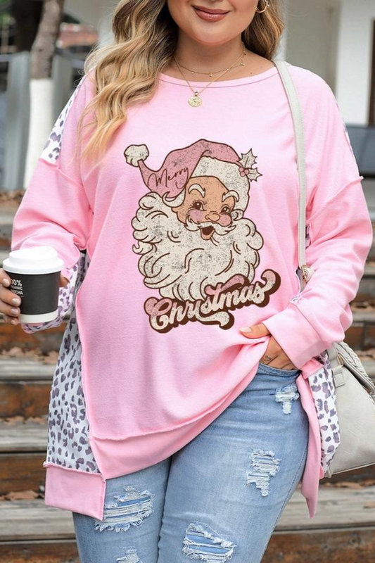 Plus Size Christmas Santa Claus Leopard Patch Sweatshirt