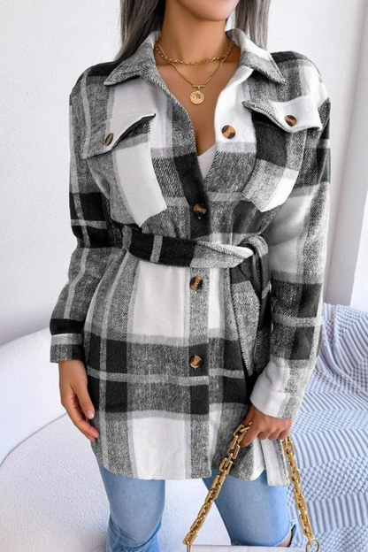 Women Belted Plaid Pattern Button Down