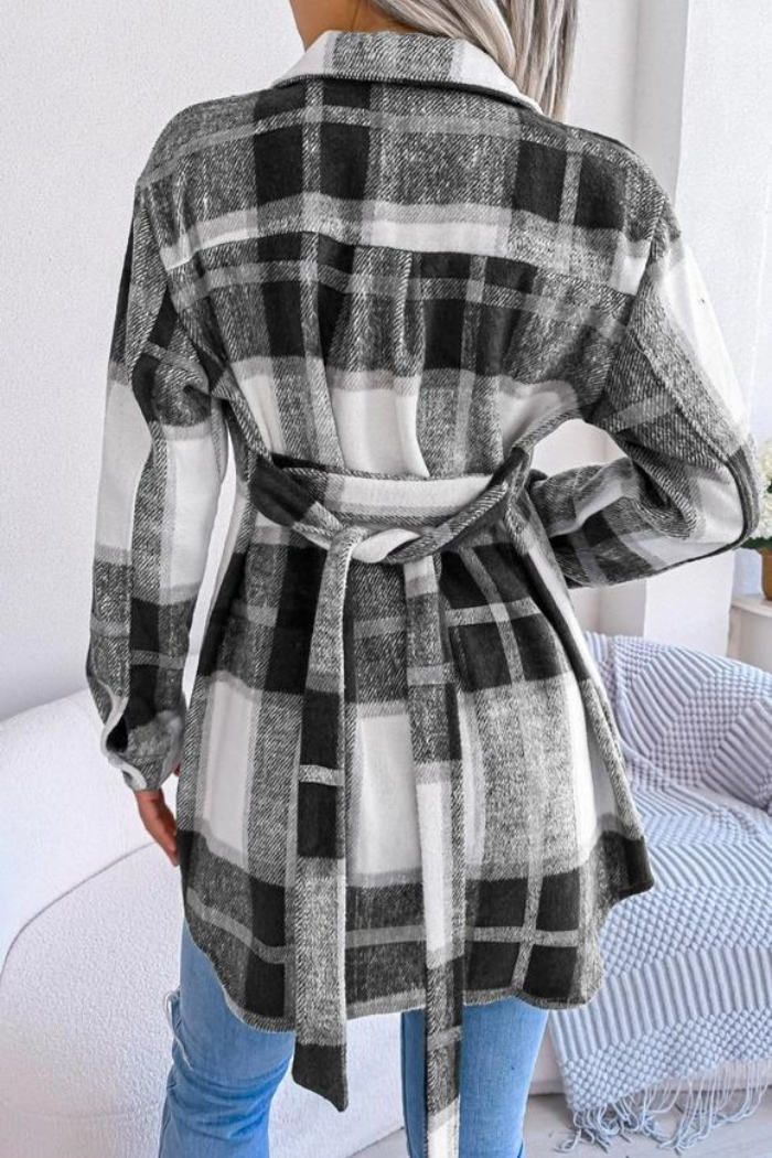 Women Belted Plaid Pattern Button Down
