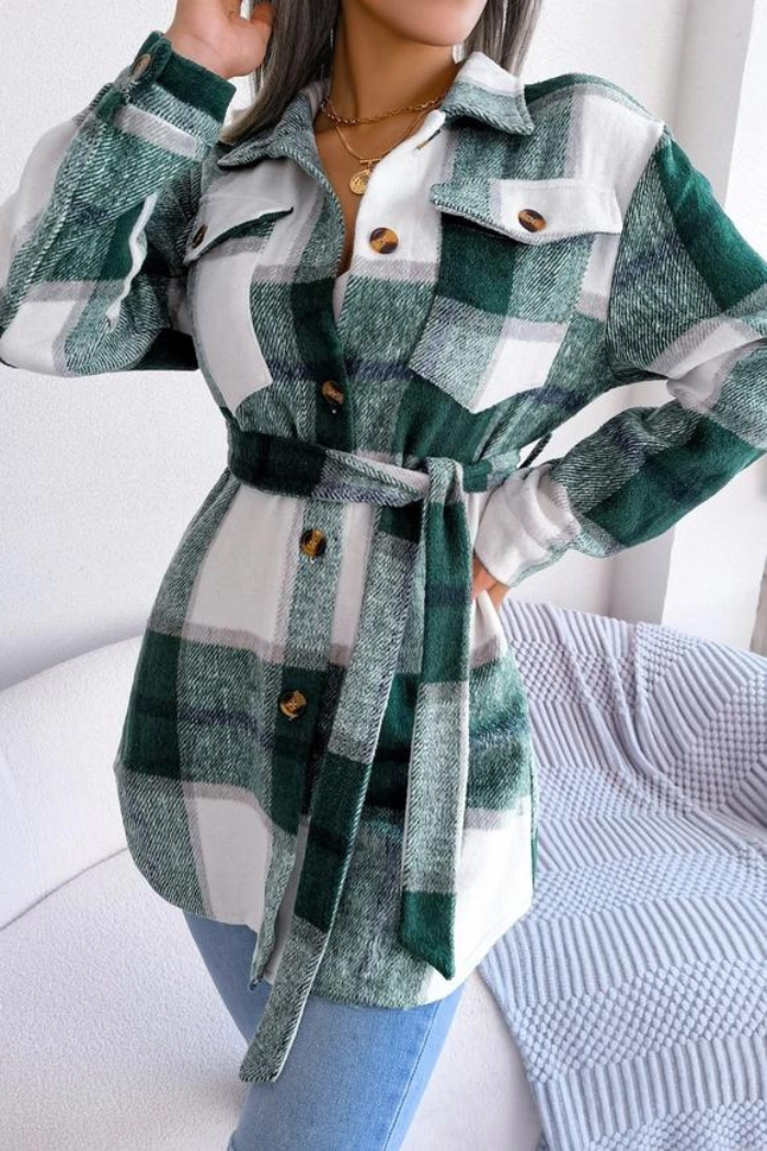 Women Belted Plaid Pattern Button Down