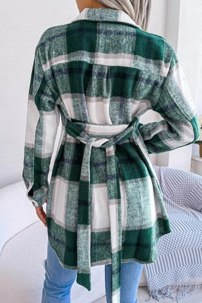 Women Belted Plaid Pattern Button Down