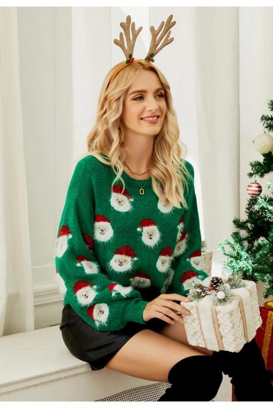 Women Furry Christmas Santa Printing Knit Sweater