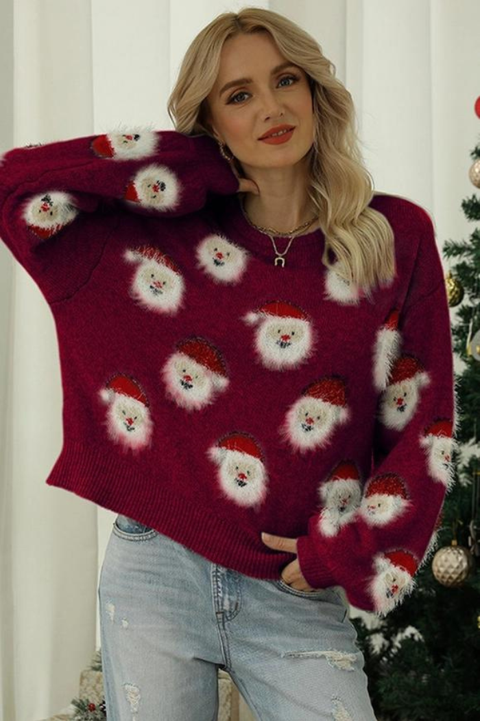 Women Furry Christmas Santa Printing Knit Sweater