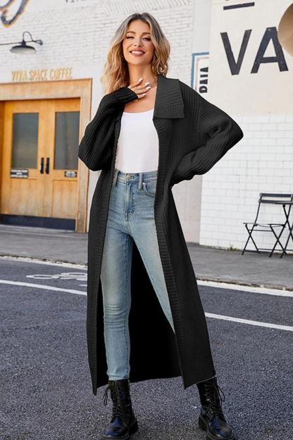 Women Waffle Knit Lapel Long Length Cardigan