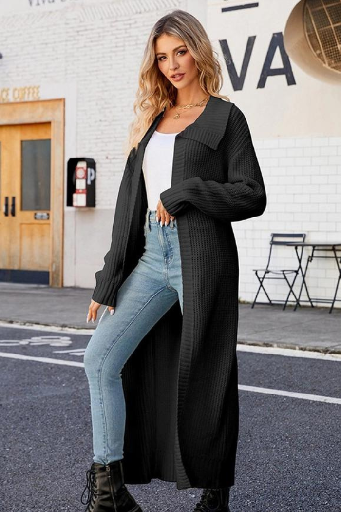 Women Waffle Knit Lapel Long Length Cardigan