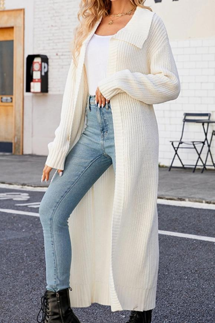 Women Waffle Knit Lapel Long Length Cardigan