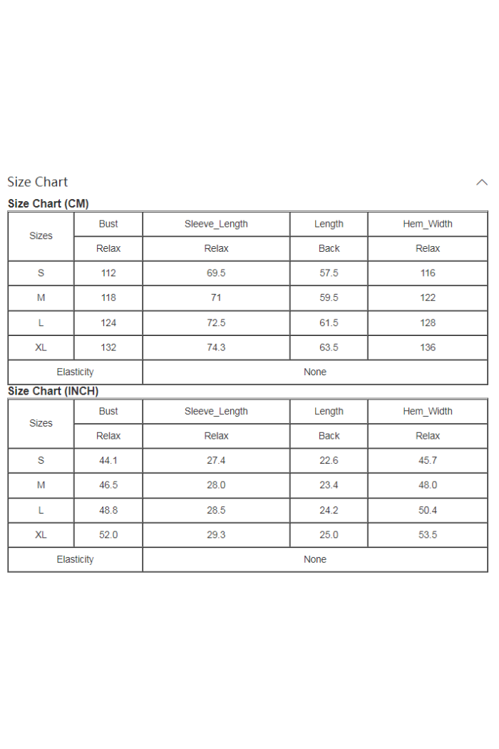 Size chart for clothing measurements in centimeters and inches.