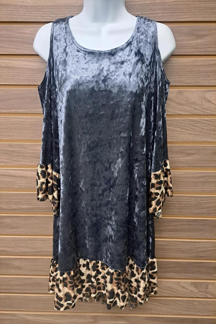 Metallic velvet leopard ruffle cold shoulder tunic