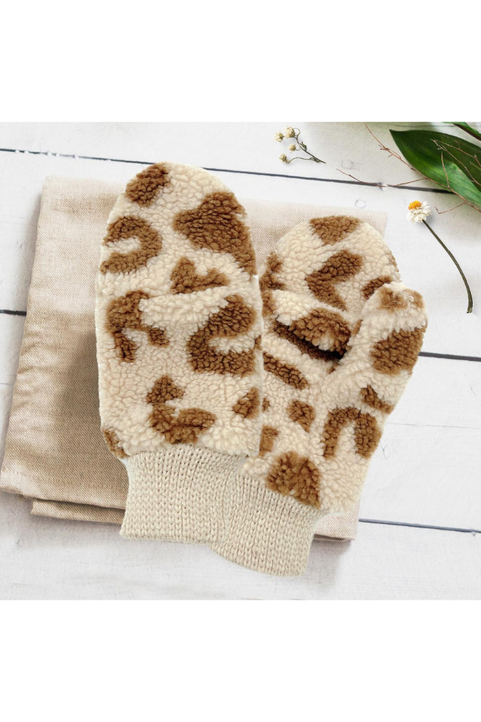 Leopard Teddy Pop-Top Mitten Gloves