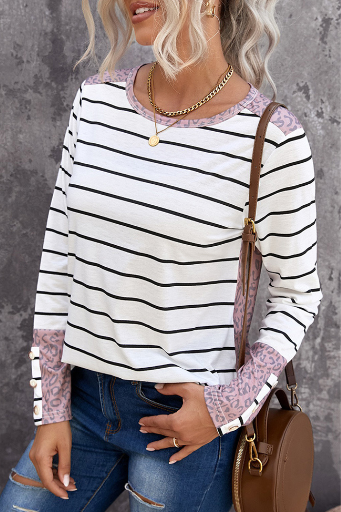 Leopard splicing sleeve striped top