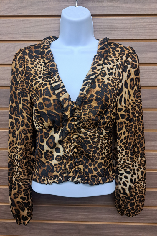 Leopard ruffle elastic mid chiffon button