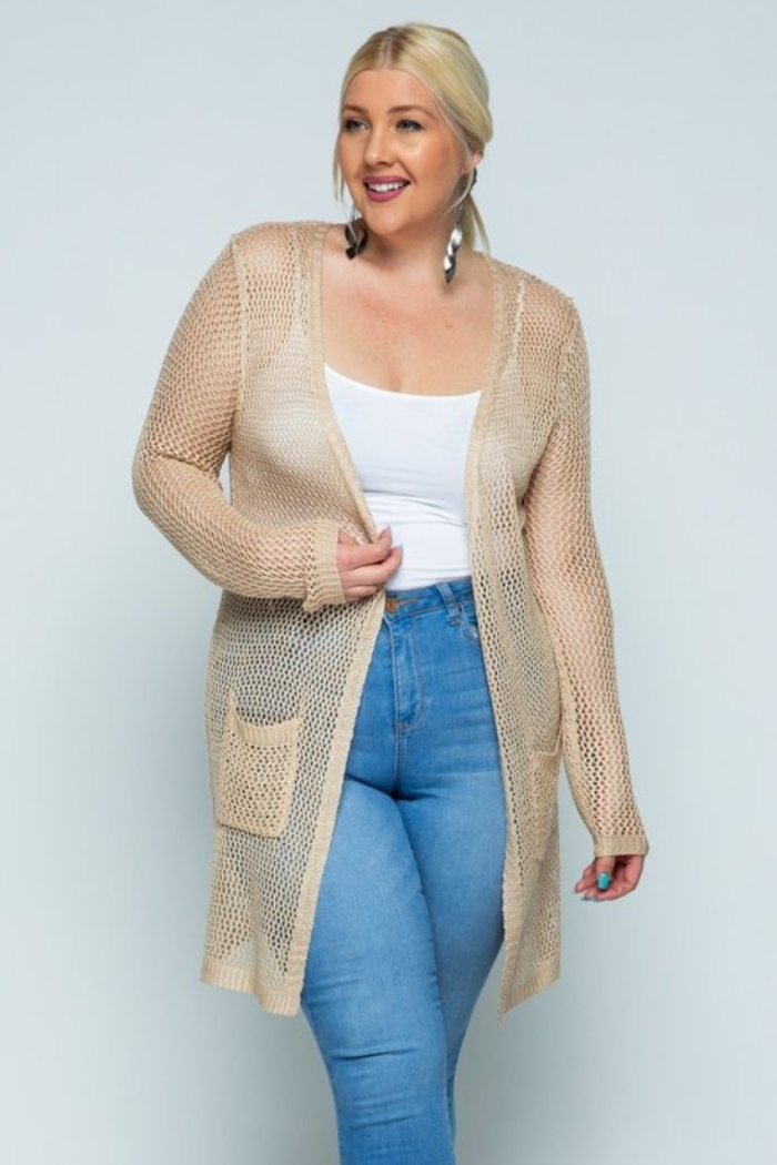 Plus Crochet Knit Long Open Cardigan