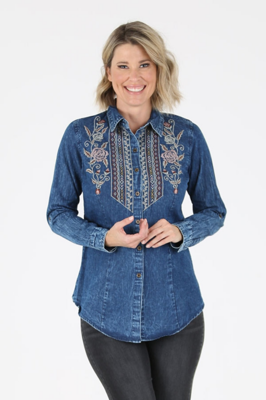 Floral Embroidery Button Down Shirt