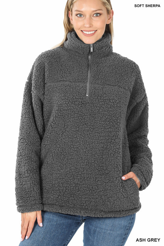 Soft Sherpa Half Zip Pullover With Side Pockets