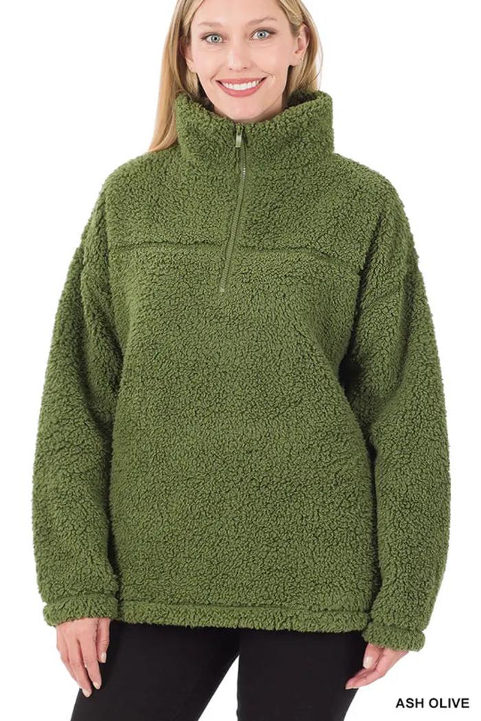 Soft Sherpa Half Zip Pullover With Side Pockets