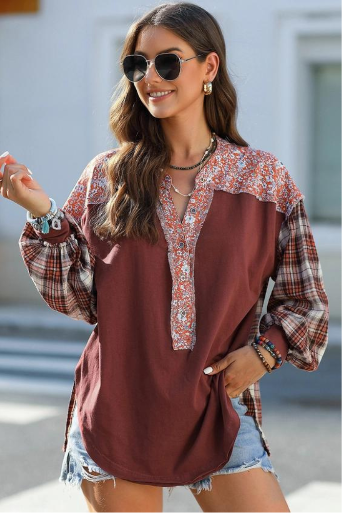 Floral Plaid Mixed Print Bishop Sleeve Patchwork Top