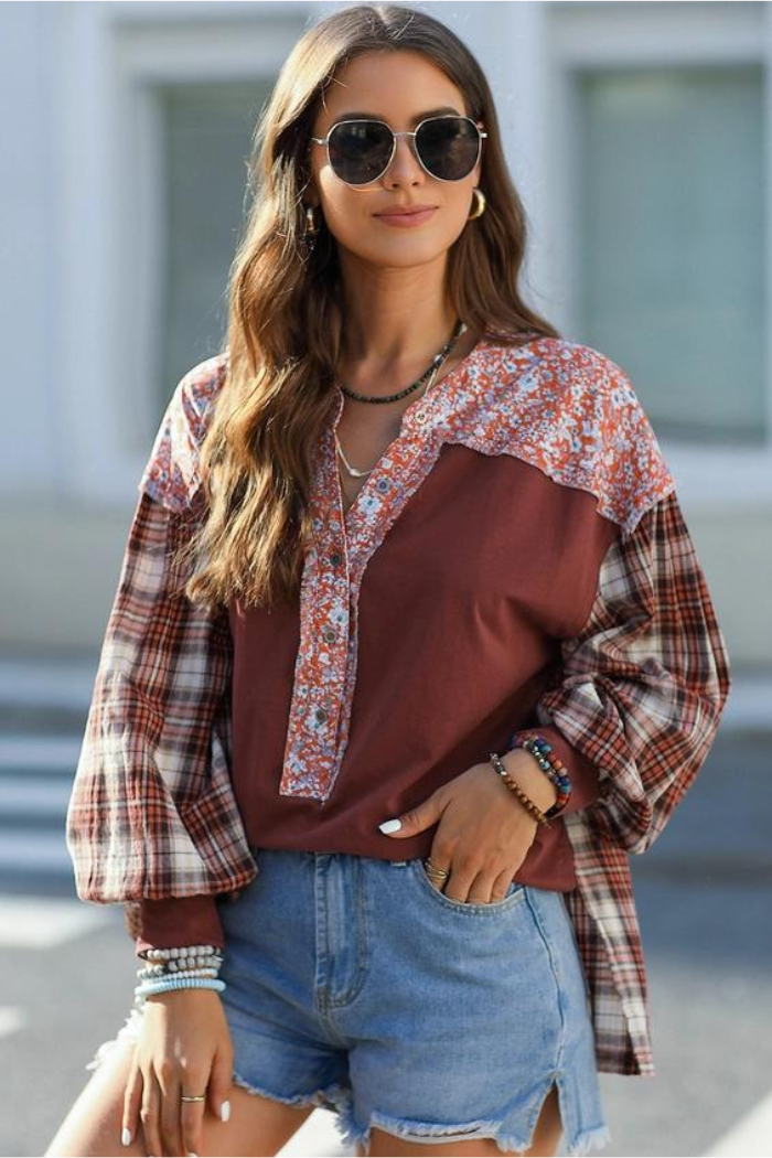 Floral Plaid Mixed Print Bishop Sleeve Patchwork Top