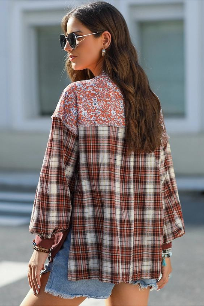 Floral Plaid Mixed Print Bishop Sleeve Patchwork Top