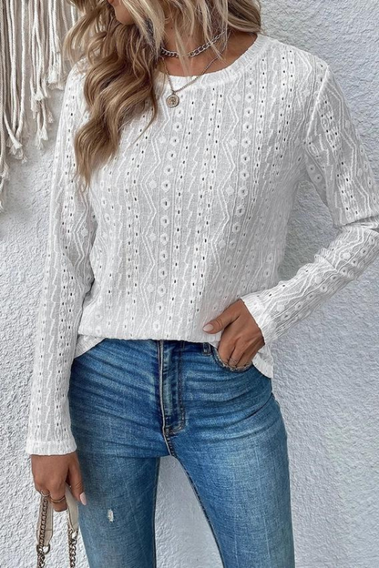 Women Long Sleeve Eyelet Punching Casual T-Shirt