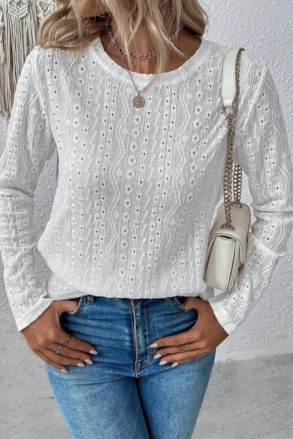 Women Long Sleeve Eyelet Punching Casual T-Shirt