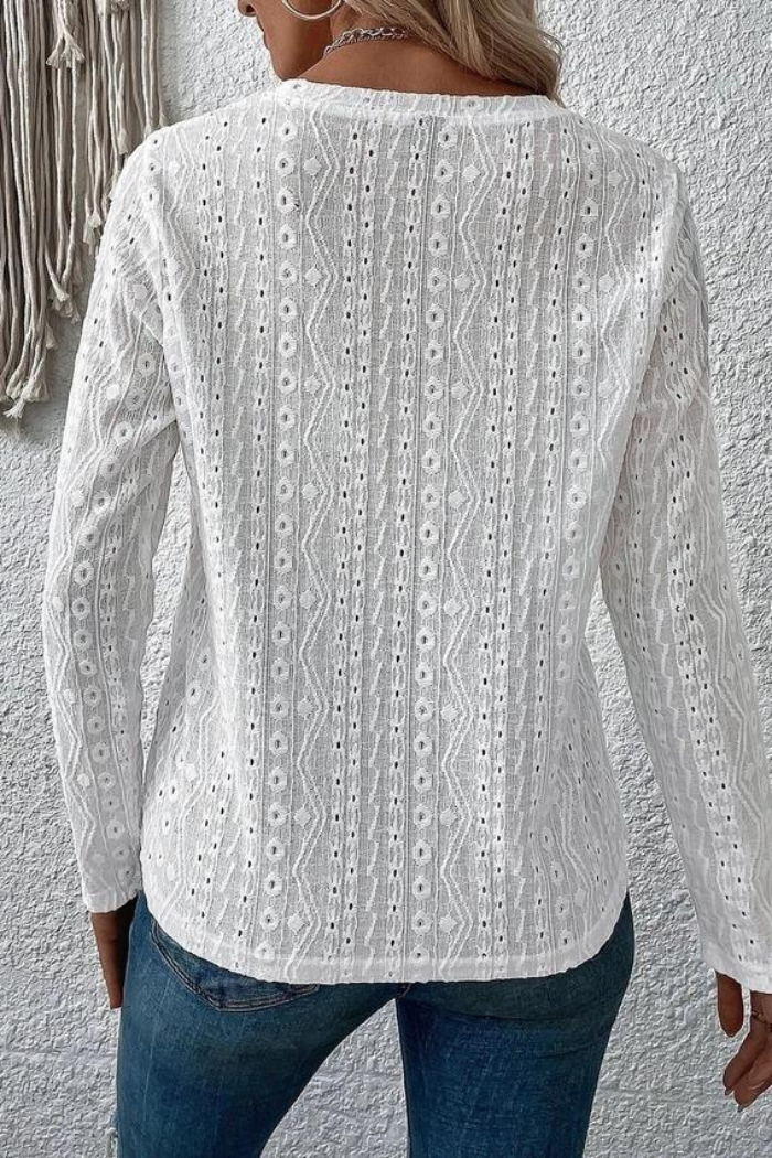 Women Long Sleeve Eyelet Punching Casual T-Shirt
