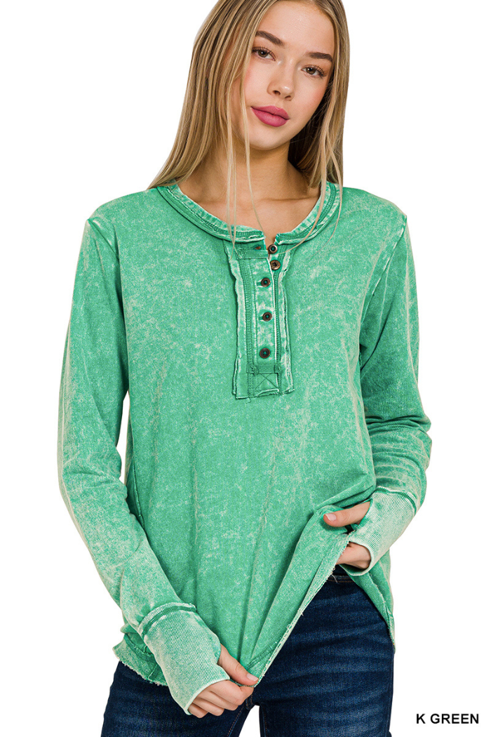 Washed Thumb Hole Cuffs Closure Long Sleeve Top