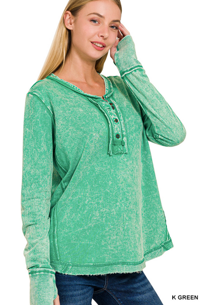 Washed Thumb Hole Cuffs Closure Long Sleeve Top