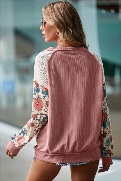 Floral Patchwork Puff Sleeve Textured Blouse