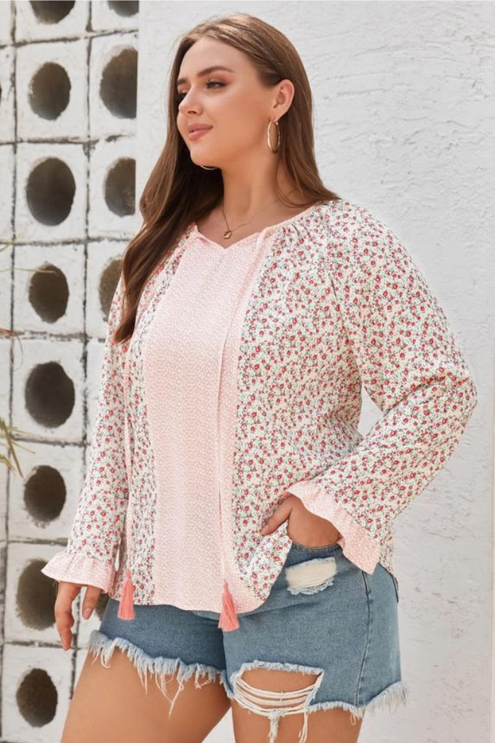 V Neck Dotty Floral Patchwork Plus Size Long Sleeve Blouse