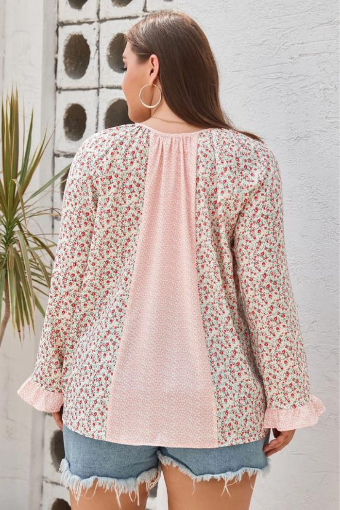 V Neck Dotty Floral Patchwork Plus Size Long Sleeve Blouse