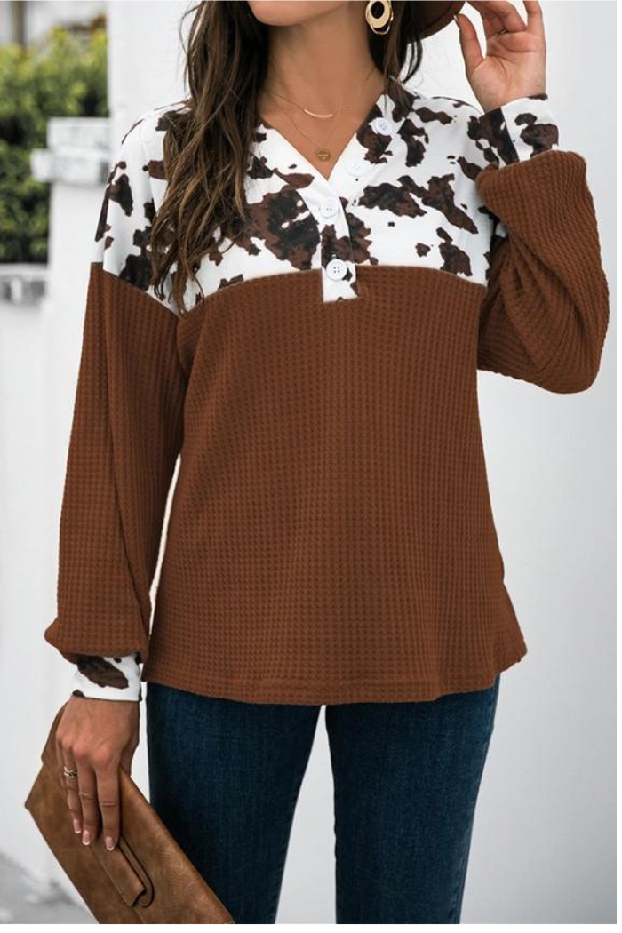 Cow Print Splicing Buttons Top