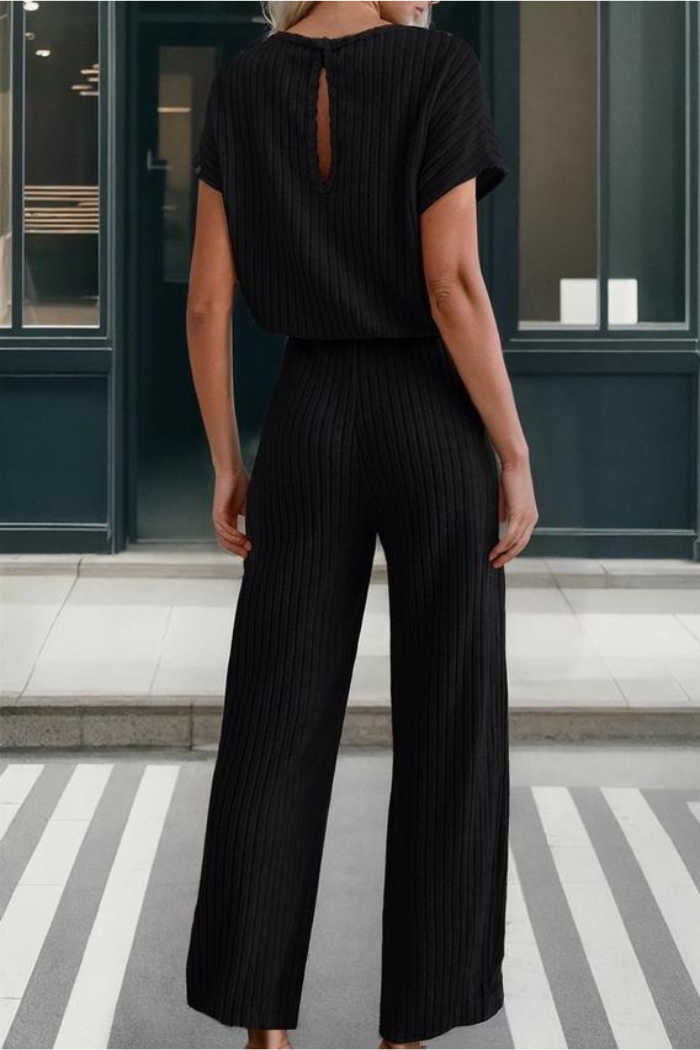 Solid Color Ribbed Short Sleeve Wide Leg Jumpsuit