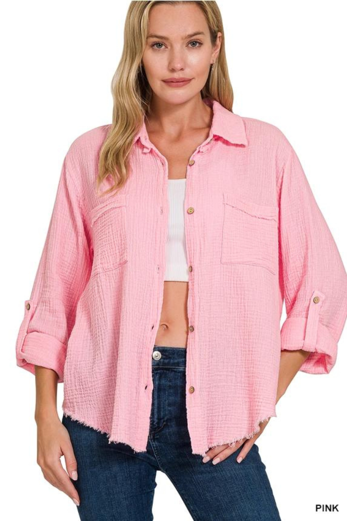 Double Gauze Button Down Roll-Up Long Sleeve Shirt