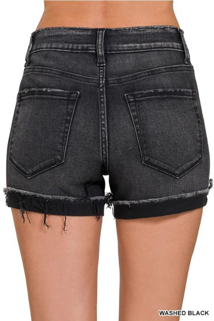 Washed Black Cuffed Raw Hem Denim Shorts