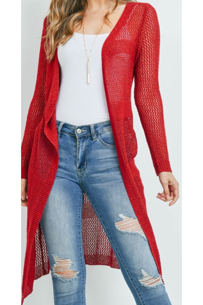 Long open crocheted cardigan