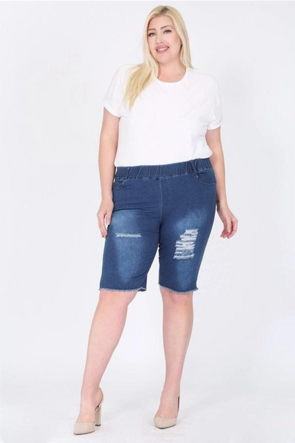 Plus Size Pull-On Super Stretch Distressed Bermuda Short