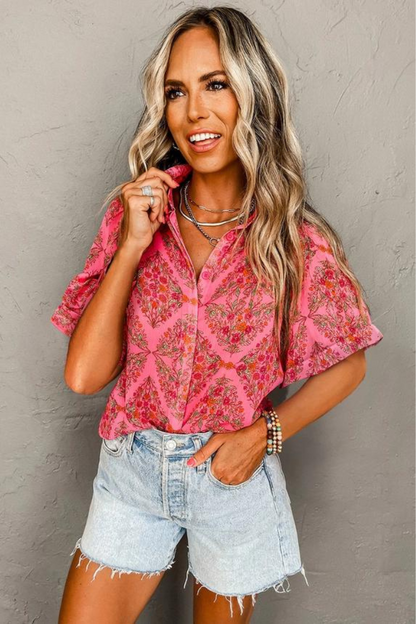 Floral Print Wide Short Sleeve Loose Shirt