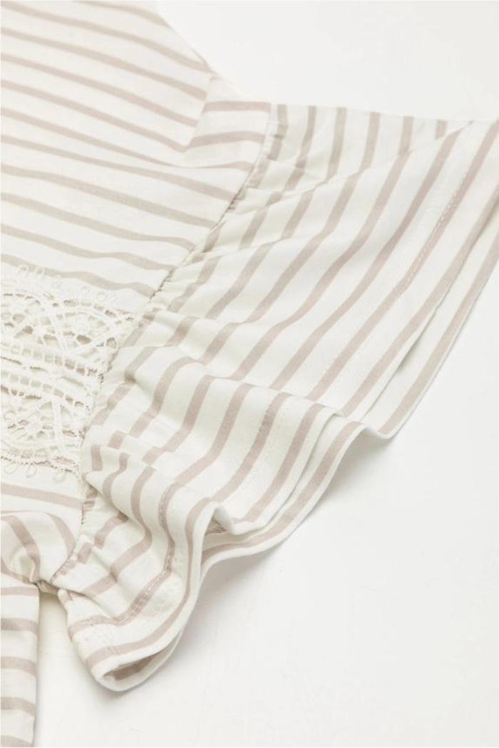 Striped Lace Splicing Ruffle Sleeve T-Shirt