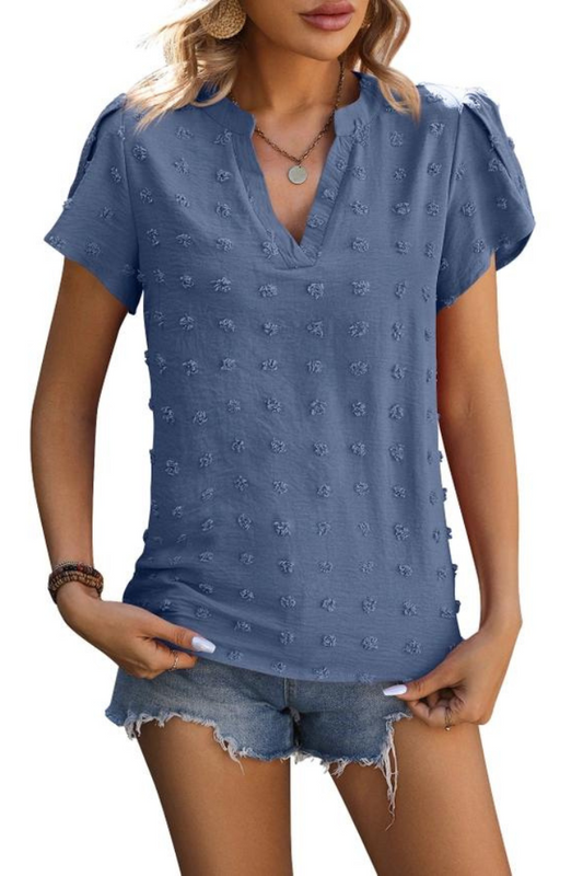 V-Neck Chiffon Swiss Dot Top with Petal Sleeves Shirt