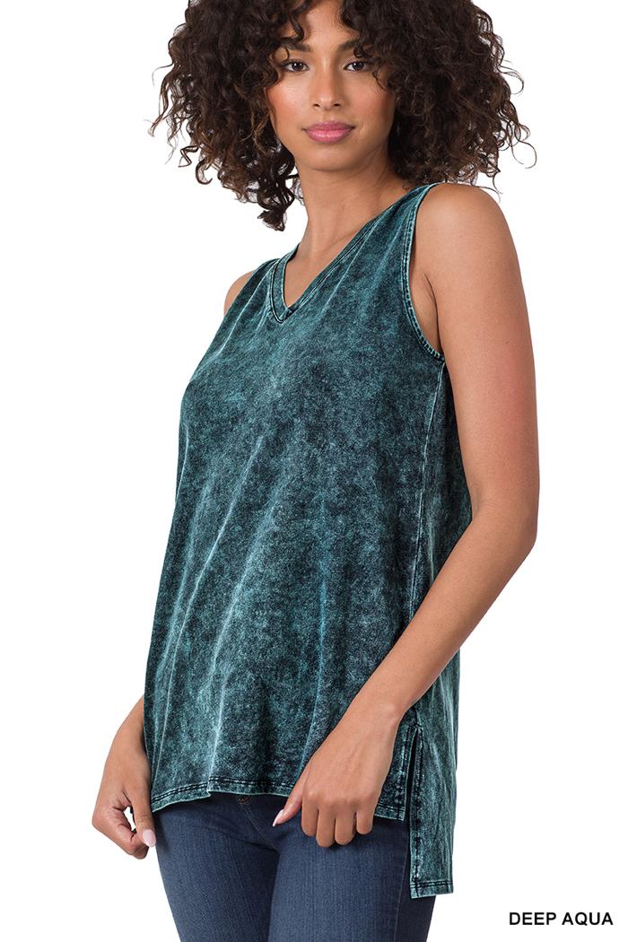 Mineral Wash Sleeveless V-Neck Top With Side Slit