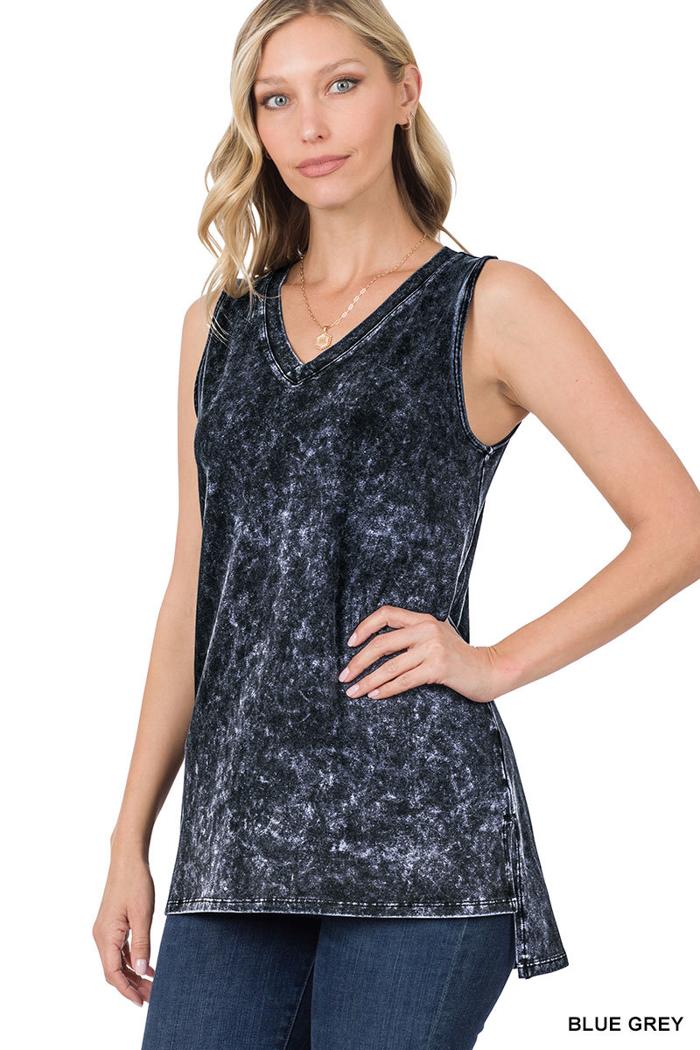 Mineral Wash Sleeveless V-Neck Top With Side Slit