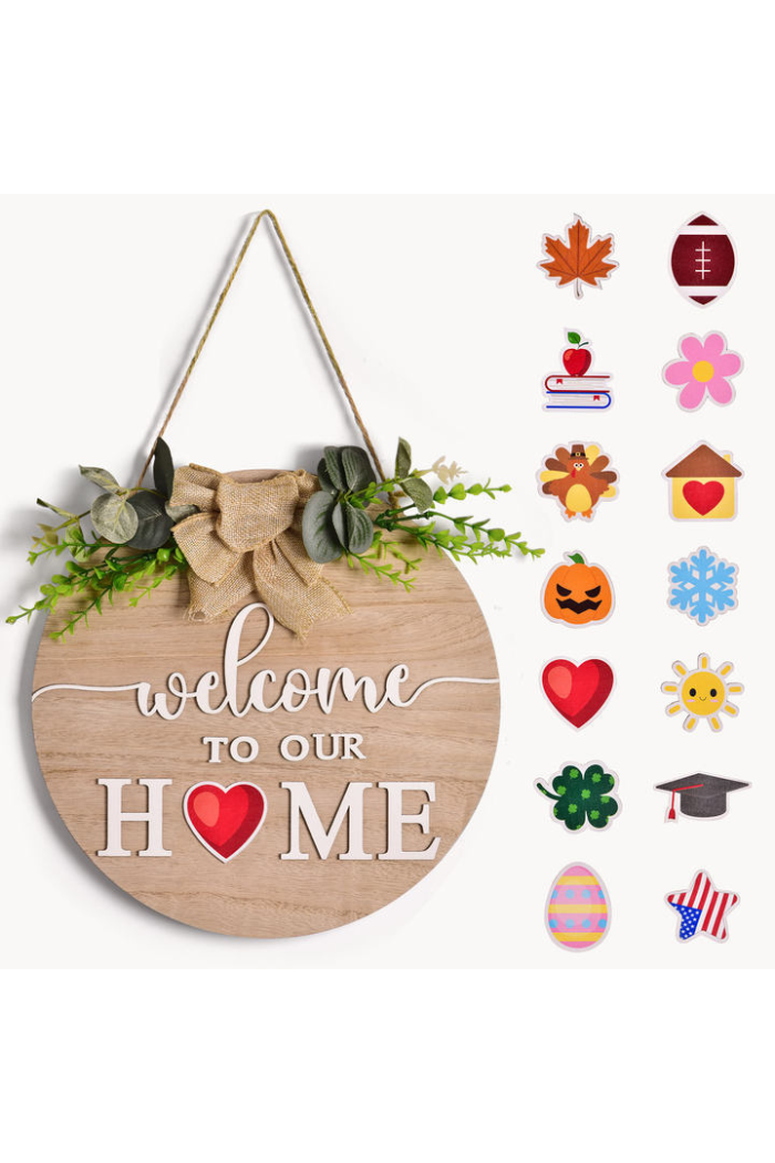 Rustic Door Wreath with 14 Wooden Icons