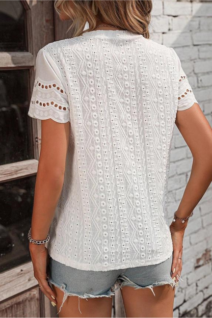 Eyelet Embroidery Scalloped Short Sleeve Top