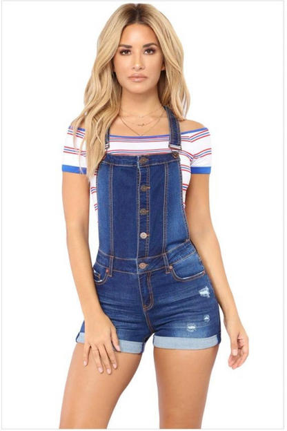 Adjustable Strap Button Front Ripped Short Jeans Overall